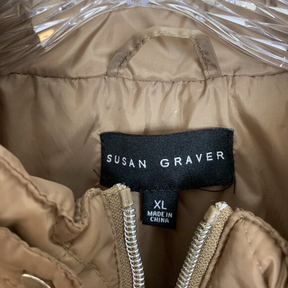 Susan Graver Womens XL Quilted Jacket Ponte Side Panels Zip Pockets Tan Puffer - Picture 2 of 14